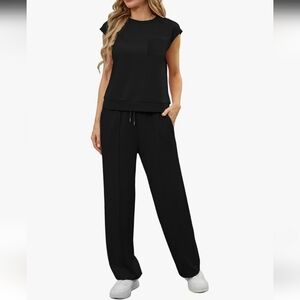 GRECERELLE 2 Piece Black Wide Leg Lounge Set, Size 2XL